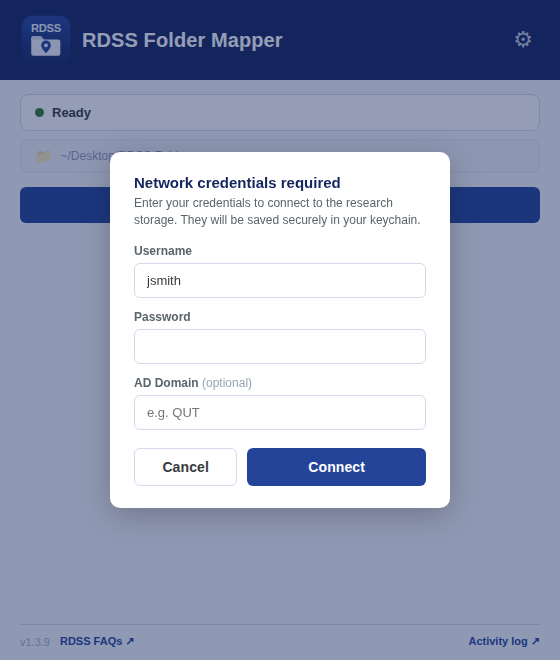 Credentials dialog — enter your network storage username and password